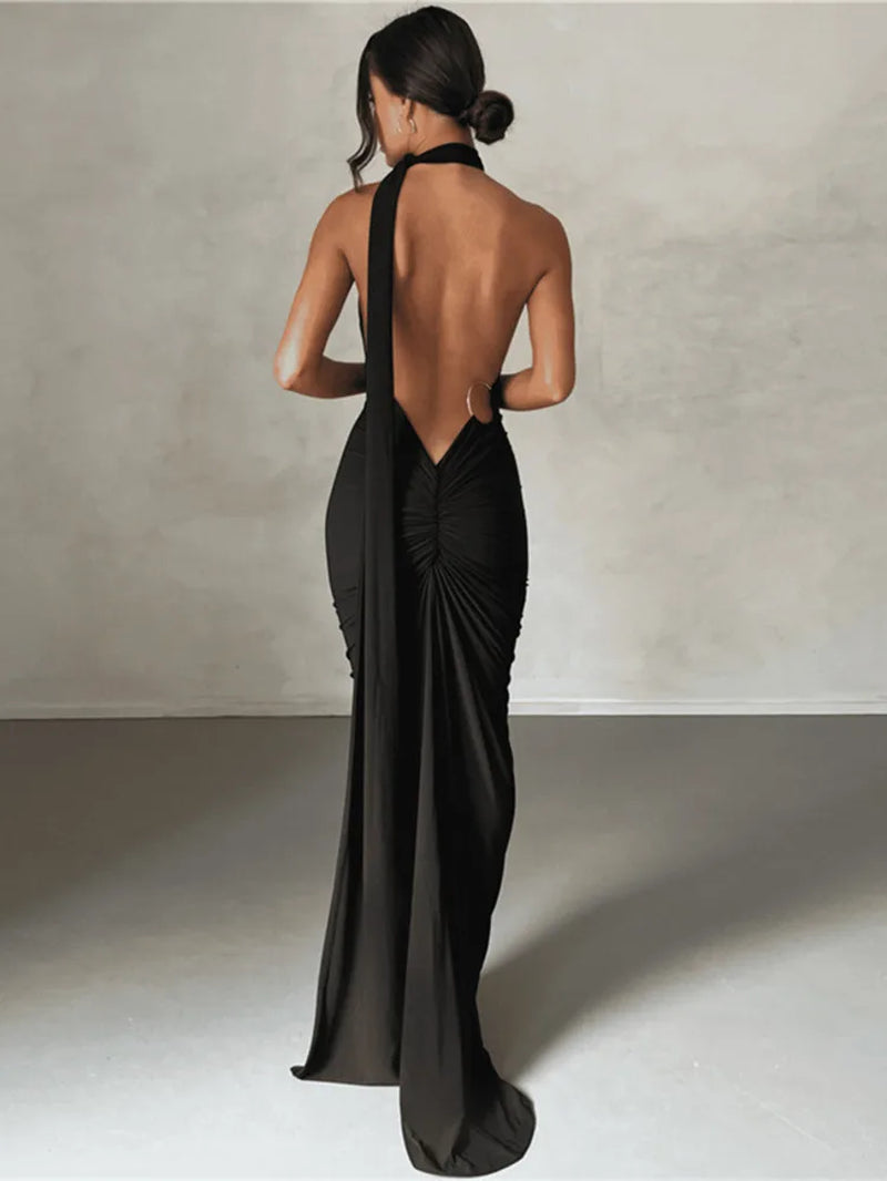 Sexy Backless Hanging Neck Bodycon Evening Dress for Women Strapless Max Female Dress Charming Club Party Prom Dress