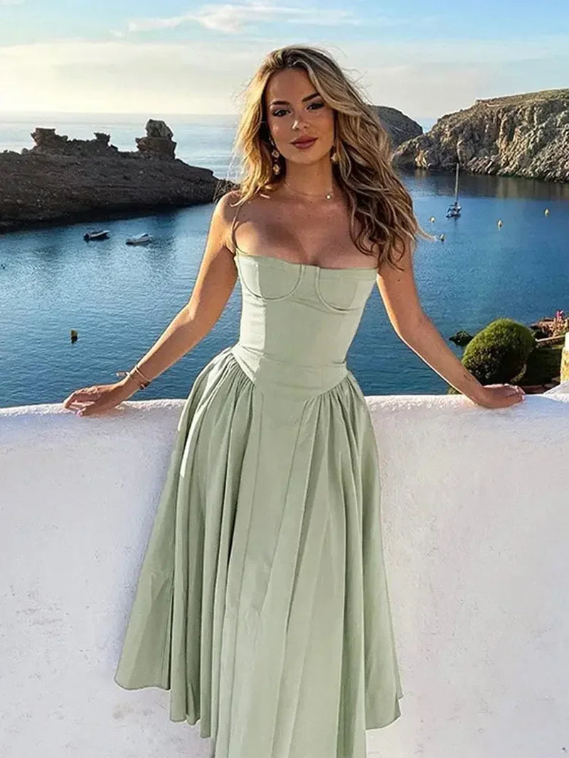 Summer Women Elegant Sleeveless Backless Pleated Dresses Lady Sexy Solid Sling Midi Dress 2024 Female Party Evening A-Line Robes