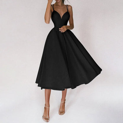 Sleeveless Spaghetti Strap Midi Dress Women V-Neck Backless Elegant Female Solid Dresses 2024 Summer Lady Party Vestido New Pure