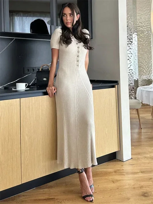 White Knit Fashion Maxi Dress for Women Short Sleeve Patchwork Elegant Party Dress Lapel High Waist Knitwear Women'S Dress