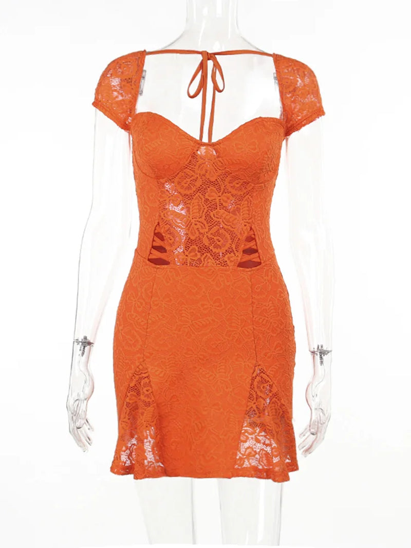 See through Butterfly Lace Mini Dress Orange Cut Out Backless Bodycon Dresses Women Sexy Club Outfit YJ23631DG