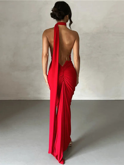 Sexy Backless Hanging Neck Bodycon Evening Dress for Women Strapless Max Female Dress Charming Club Party Prom Dress