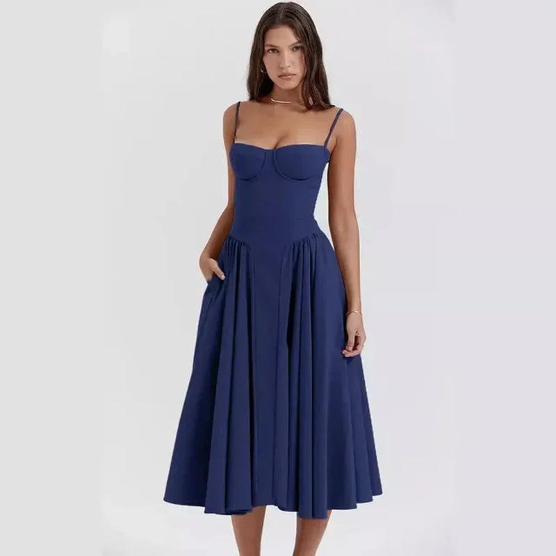 Summer Women Elegant Sleeveless Backless Pleated Dresses Lady Sexy Solid Sling Midi Dress 2024 Female Party Evening A-Line Robes