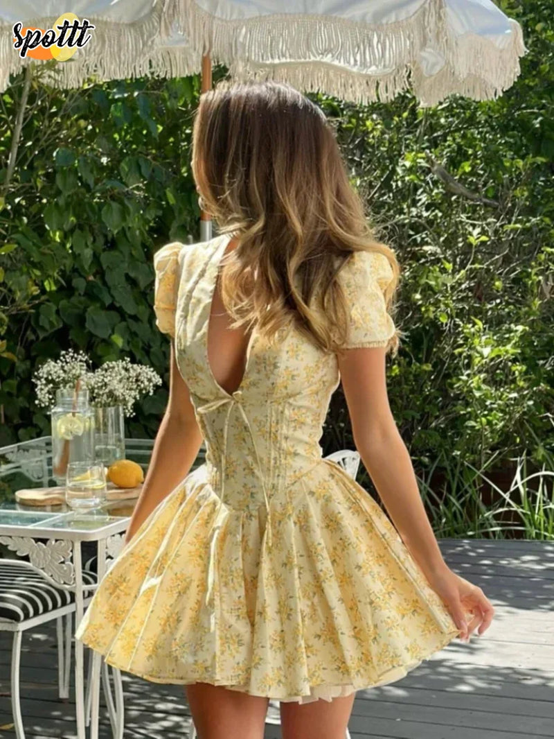 Women Fashion Short Puff Sleeve Pleated Dresses Elegant Print Deep V Neck A-Line Mini Dress 2024 Chic Lady Party Beach Vestidos