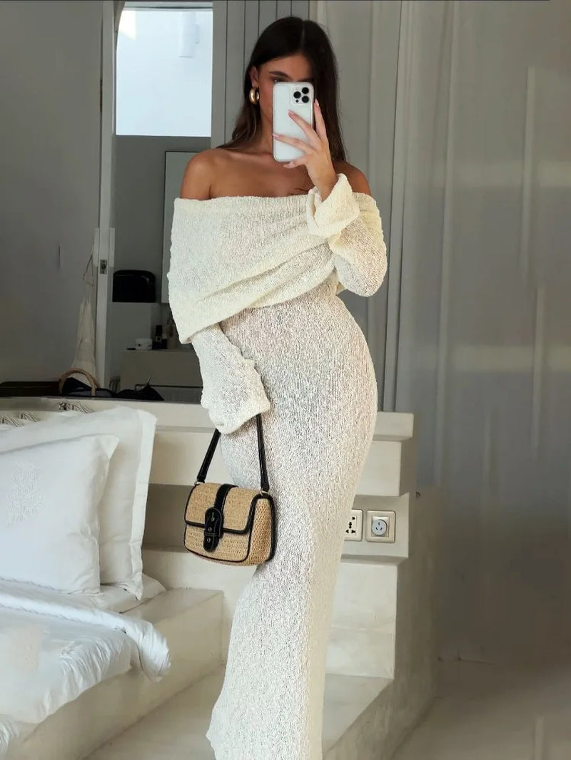 Knit Hollow Out Off-Shoulder Maxi Dress Female Cover up See-Through Sleeve Holiday Beach Party Dress Women Knitwear Dress