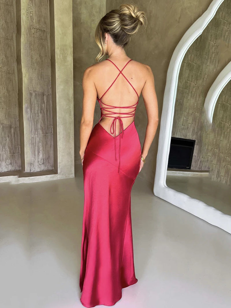 Sexy Strapless Satin Maxi Dress Women Open Back High Slit Slim Dress Women 2024Spring Summer Elegant Party Club Vestidos