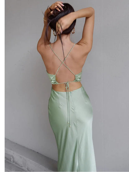 Fashion Sexy Swinging Collar Backless Spaghetti Strap Women Dress Sleeveless Lace up Midi Dress Female Street Partystyle