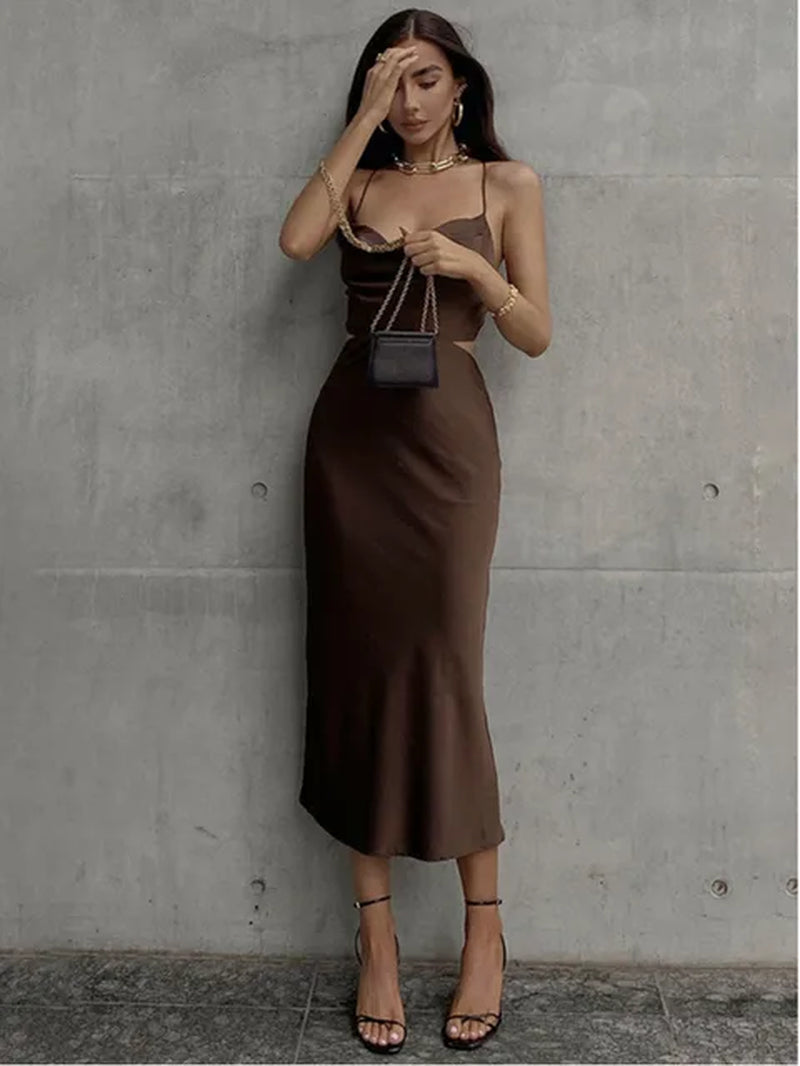 Fashion Sexy Swinging Collar Backless Spaghetti Strap Women Dress Sleeveless Lace up Midi Dress Female Street Partystyle