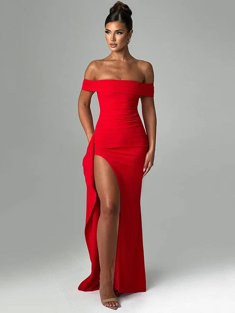 Elegant Off-Shoulder High Split Maxi Dress Women Fashion Strapless Sleeveless Backless Bodycon Club Party Sexy Dress