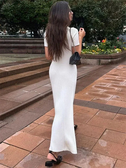 White Knit Fashion Maxi Dress for Women Short Sleeve Patchwork Elegant Party Dress Lapel High Waist Knitwear Women'S Dress