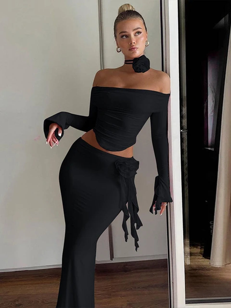 Matching Suit Neck Accessories 3D Flower off Shoulder Long Trumpet Sleeves Crop Top Tassel Maxi Skirt 2023 Autumn Women