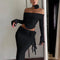 Matching Suit Neck Accessories 3D Flower off Shoulder Long Trumpet Sleeves Crop Top Tassel Maxi Skirt 2023 Autumn Women