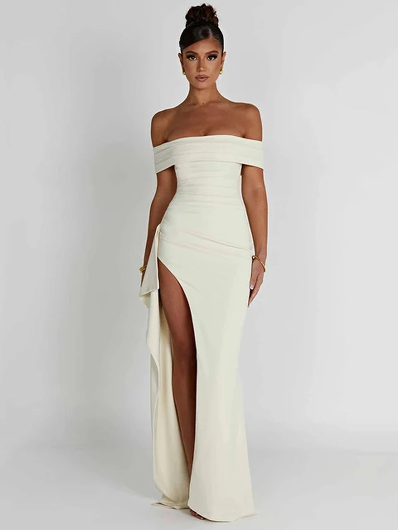 Elegant Off-Shoulder High Split Maxi Dress Women Fashion Strapless Sleeveless Backless Bodycon Club Party Sexy Dress