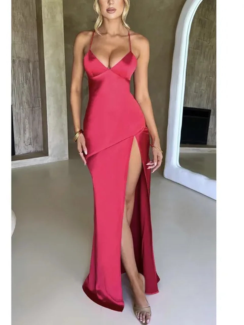 Sexy Strapless Satin Maxi Dress Women Open Back High Slit Slim Dress Women 2024Spring Summer Elegant Party Club Vestidos