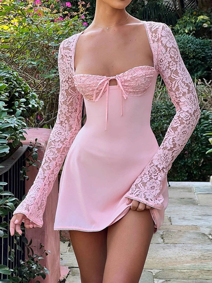 Women Low Cut Mini Sexy Dress Lace Long Sleeve Tie-Up A-Line Dress Backless Bodycon Short Dresses Fashion Tight Party Clubwear