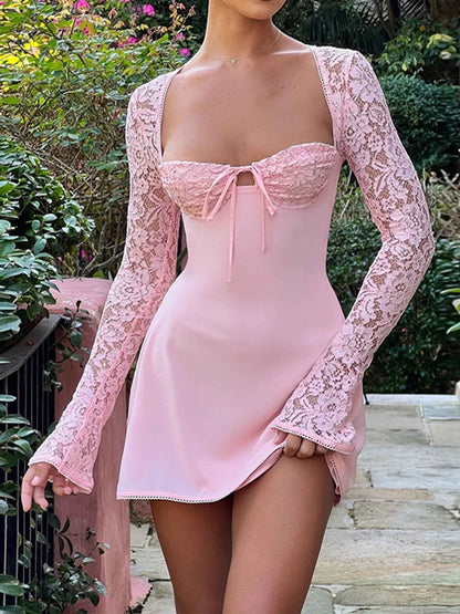 Women Low Cut Mini Sexy Dress Lace Long Sleeve Tie-Up A-Line Dress Backless Bodycon Short Dresses Fashion Tight Party Clubwear