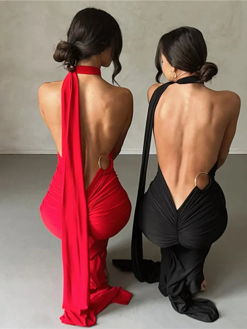 Sexy Backless Hanging Neck Bodycon Evening Dress for Women Strapless Max Female Dress Charming Club Party Prom Dress