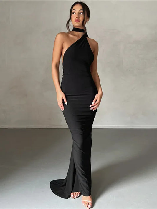 Sexy Backless Hanging Neck Bodycon Evening Dress for Women Strapless Max Female Dress Charming Club Party Prom Dress