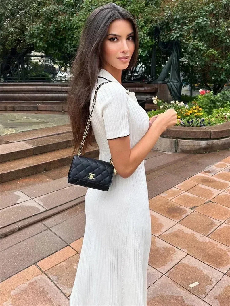 White Knit Fashion Maxi Dress for Women Short Sleeve Patchwork Elegant Party Dress Lapel High Waist Knitwear Women'S Dress