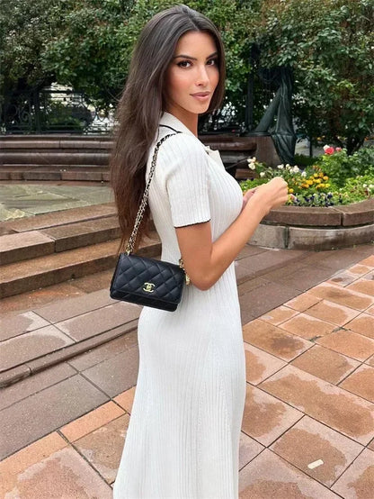 White Knit Fashion Maxi Dress for Women Short Sleeve Patchwork Elegant Party Dress Lapel High Waist Knitwear Women'S Dress