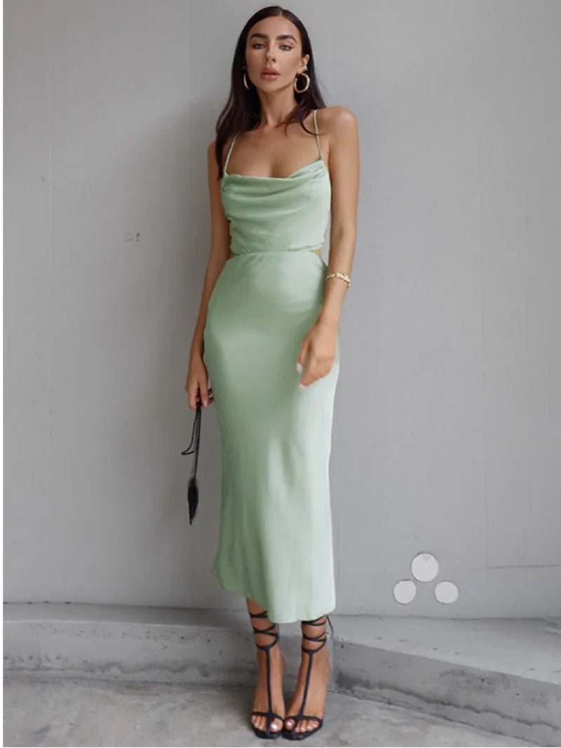 Fashion Sexy Swinging Collar Backless Spaghetti Strap Women Dress Sleeveless Lace up Midi Dress Female Street Partystyle