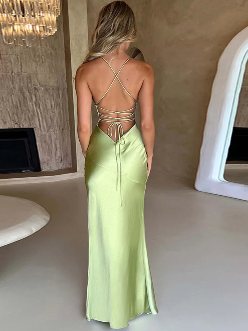 Sexy Strapless Satin Maxi Dress Women Open Back High Slit Slim Dress Women 2024Spring Summer Elegant Party Club Vestidos