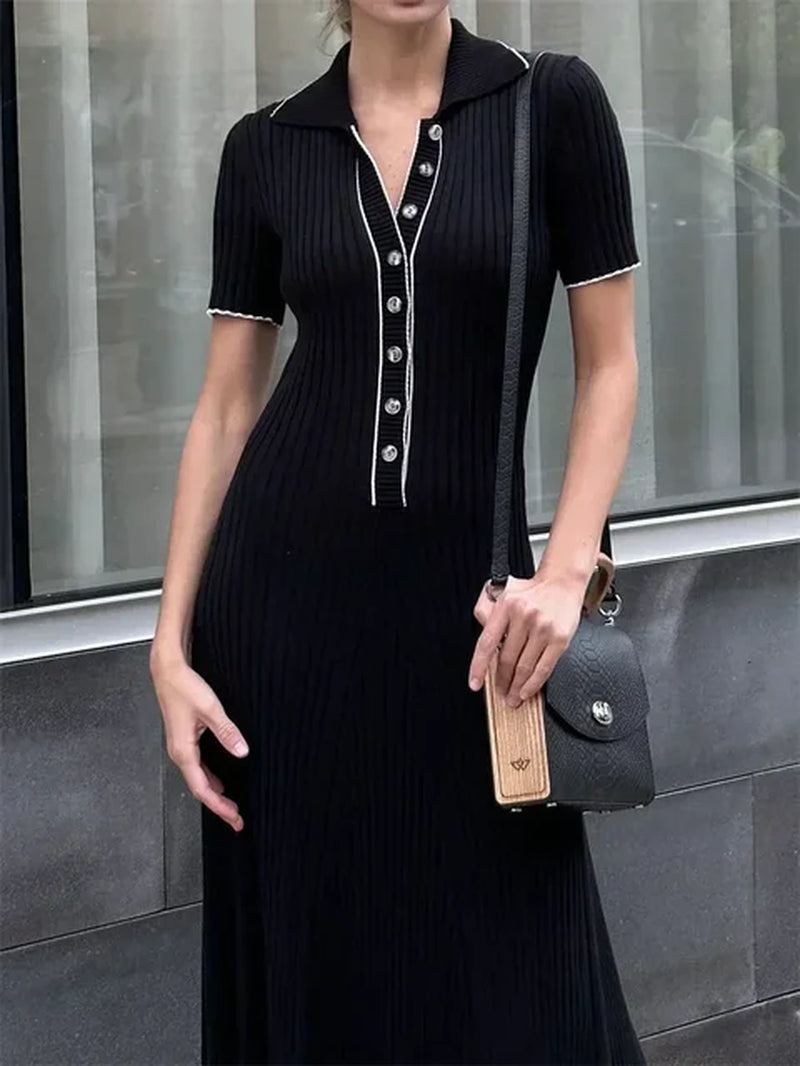 White Knit Fashion Maxi Dress for Women Short Sleeve Patchwork Elegant Party Dress Lapel High Waist Knitwear Women'S Dress