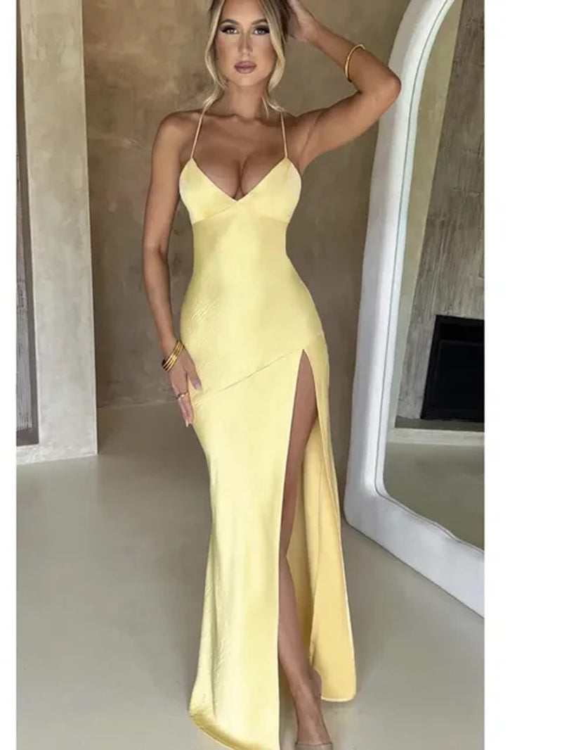 Sexy Strapless Satin Maxi Dress Women Open Back High Slit Slim Dress Women 2024Spring Summer Elegant Party Club Vestidos