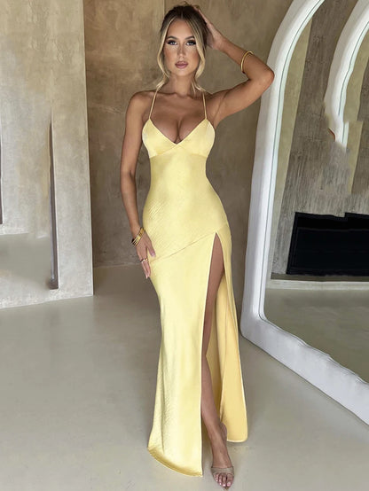 Sexy Strapless Satin Maxi Dress Women Open Back High Slit Slim Dress Women 2024Spring Summer Elegant Party Club Vestidos