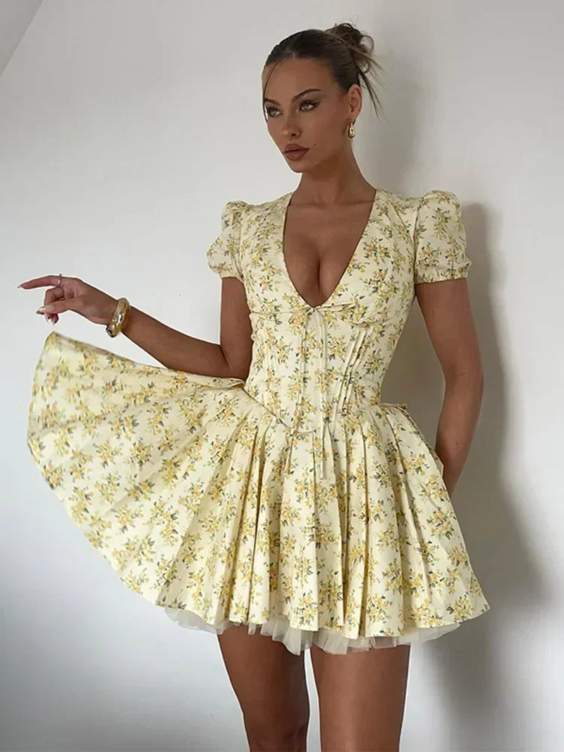 Women Fashion Short Puff Sleeve Pleated Dresses Elegant Print Deep V Neck A-Line Mini Dress 2024 Chic Lady Party Beach Vestidos