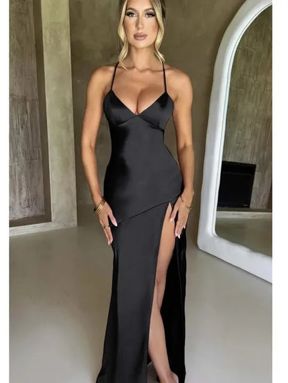 Sexy Strapless Satin Maxi Dress Women Open Back High Slit Slim Dress Women 2024Spring Summer Elegant Party Club Vestidos