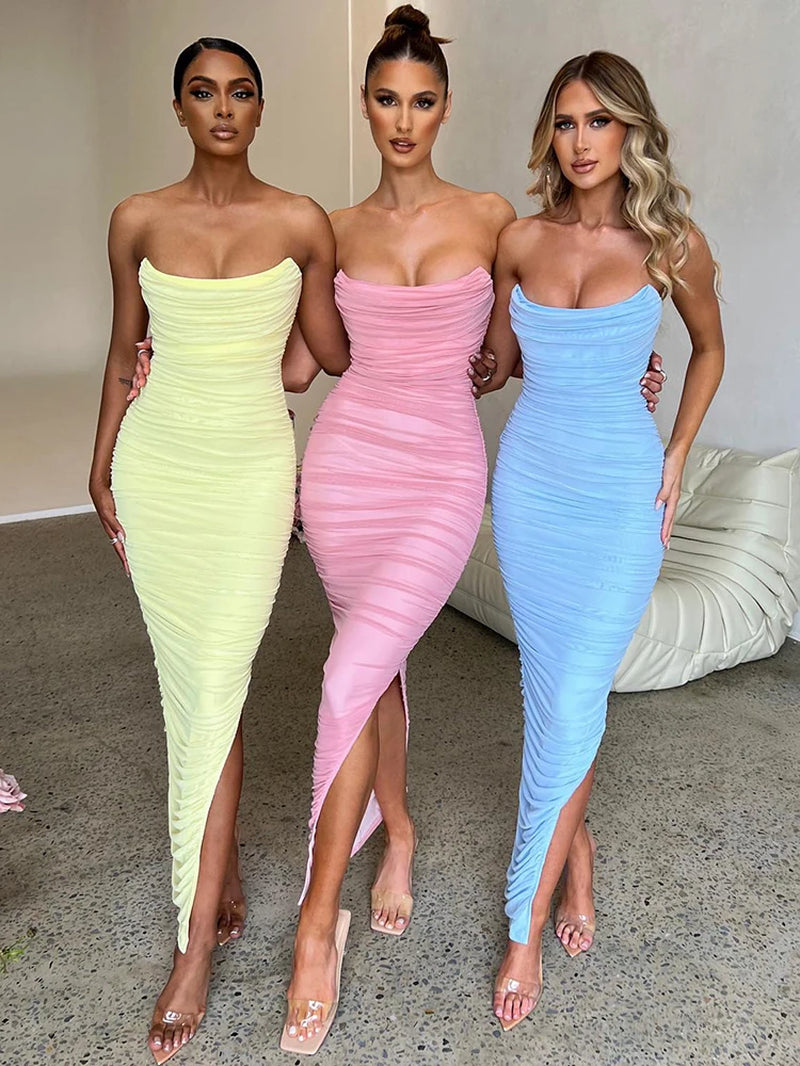 Sexy Strapless Mesh Maxi Dress Women Blue Backless High Slit Ruched Dress Female Autumn 2022 Elegant Party Club Vestidos